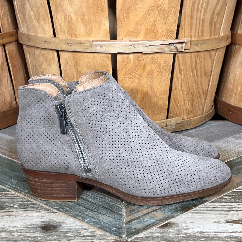 Lucky Brand Basel Double Zip Taupe Perforated Suede Ankle Boots Womens Size 7